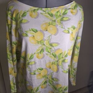 Talbots White Long Sleeve Top with Yellow Lemon Print Size 1X